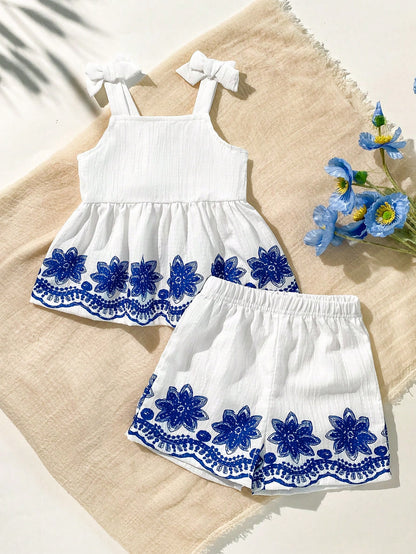 Playful Pals 2 Pacs Baby Girl Toddler/New Born 0-3 Years Old Spring/Summer Casual Daily Cute Vacation Striped Bow Pattern Camisole Top + Shorts Set