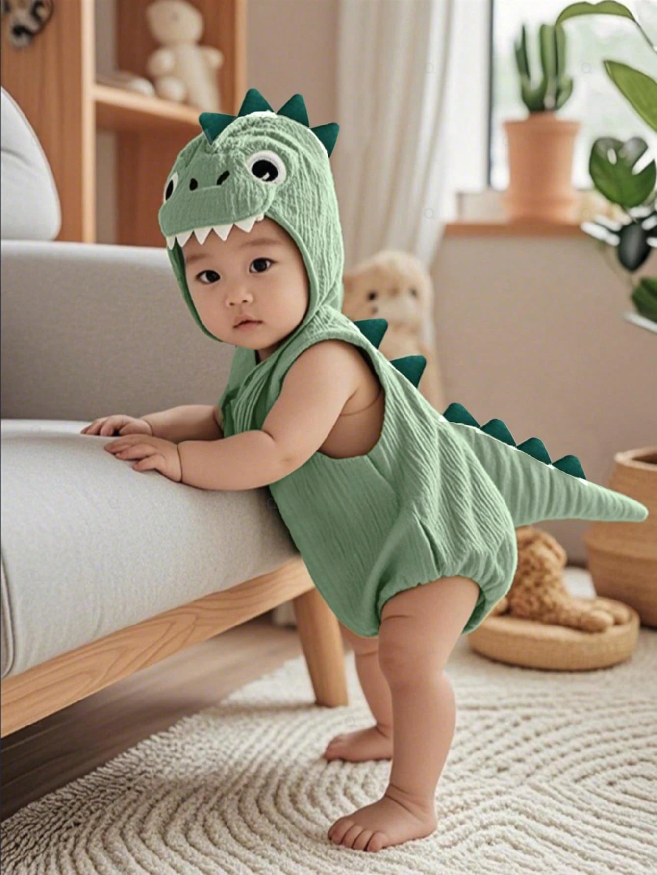 Playful Pals 2pcs Baby Boys Summer Green Soft Cotton Dinosaur Bodysuit Dinosaur Hat Set, Cute Style