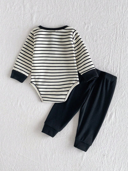 Playful Pals 2pcs/Set Baby Boy Black & White Striped Round Neck Button-Up Bear Long Sleeve Romper + Black Elastic Waist Fleece Lined Fuzzy Knit Soft Ribbed Long Pants, Casual Cute Korean Style F
