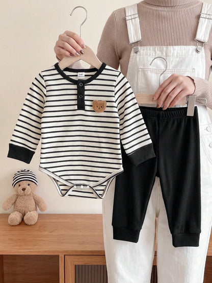 Playful Pals 2pcs/Set Baby Boy Black & White Striped Round Neck Button-Up Bear Long Sleeve Romper + Black Elastic Waist Fleece Lined Fuzzy Knit Soft Ribbed Long Pants, Casual Cute Korean Style F
