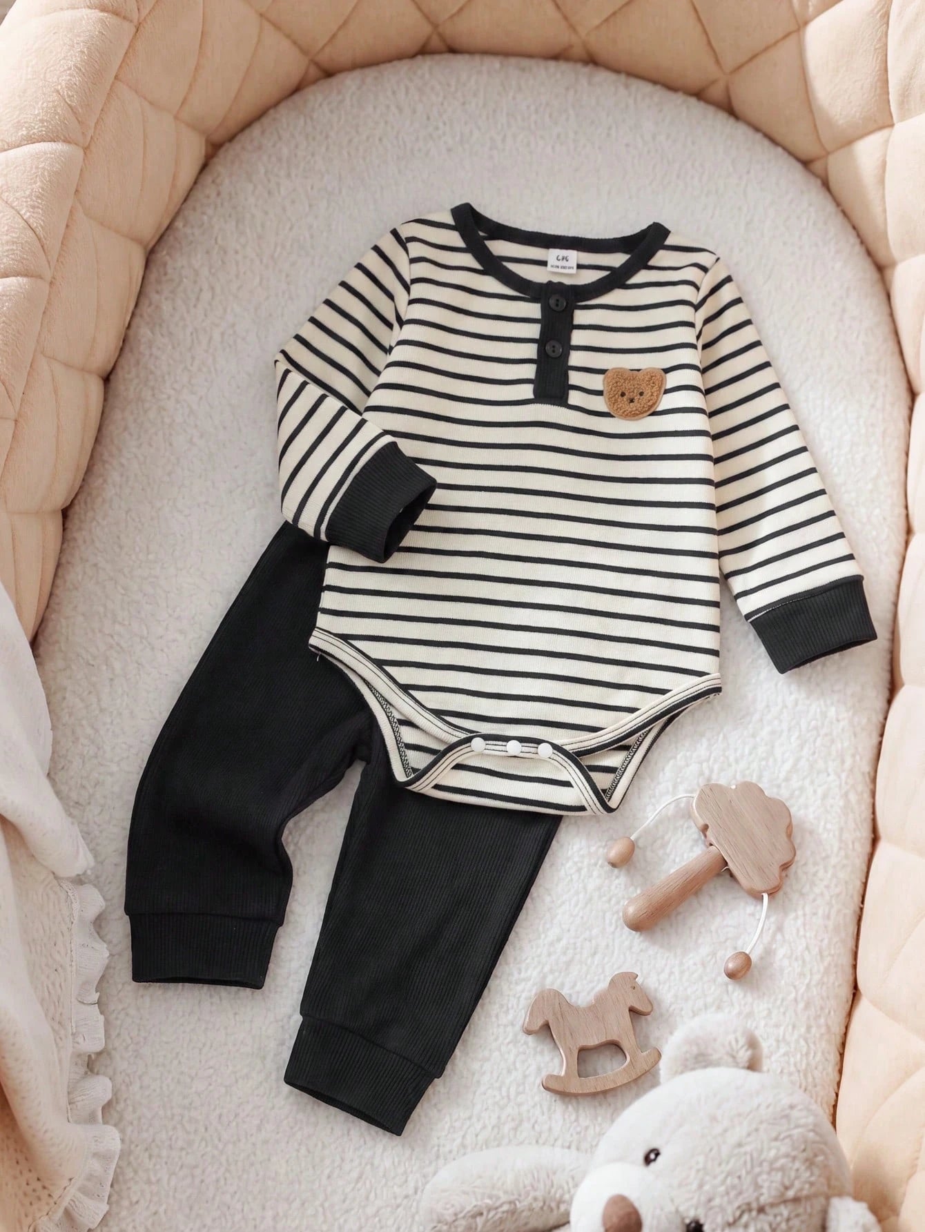 Playful Pals 2pcs/Set Baby Boy Black & White Striped Round Neck Button-Up Bear Long Sleeve Romper + Black Elastic Waist Fleece Lined Fuzzy Knit Soft Ribbed Long Pants, Casual Cute Korean Style F