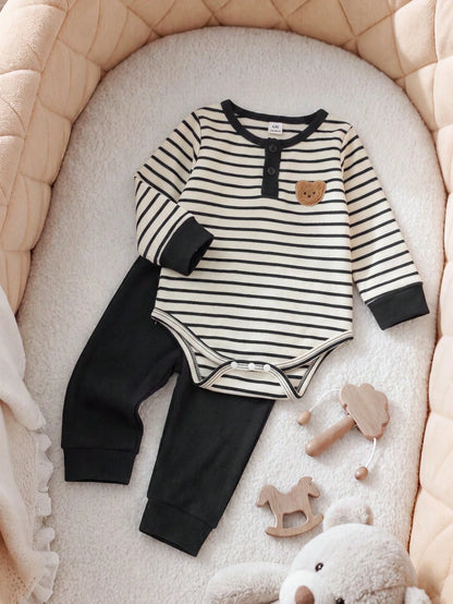 Playful Pals 2pcs/Set Baby Boy Black & White Striped Round Neck Button-Up Bear Long Sleeve Romper + Black Elastic Waist Fleece Lined Fuzzy Knit Soft Ribbed Long Pants, Casual Cute Korean Style F