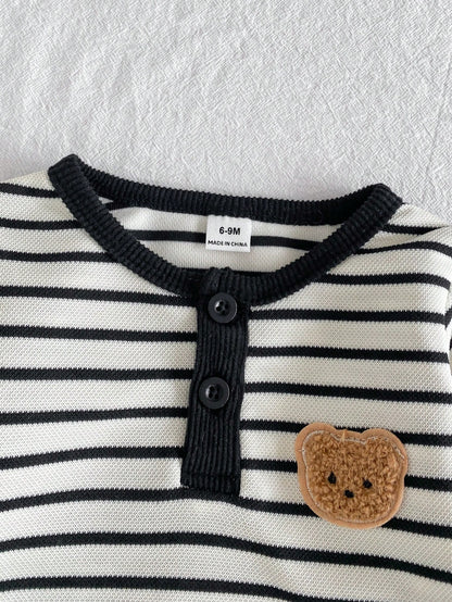 Playful Pals 2pcs/Set Baby Boy Black & White Striped Round Neck Button-Up Bear Long Sleeve Romper + Black Elastic Waist Fleece Lined Fuzzy Knit Soft Ribbed Long Pants, Casual Cute Korean Style F