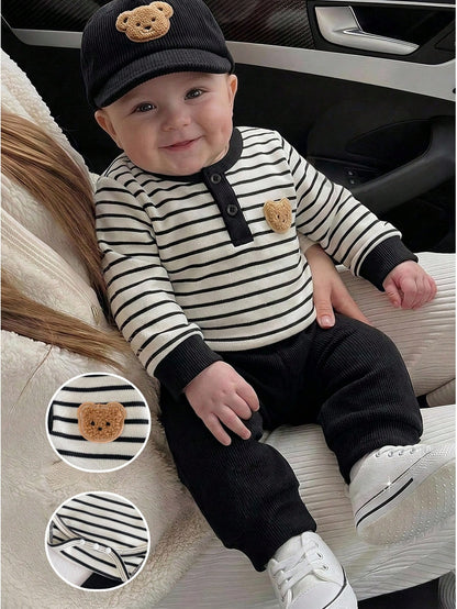 Playful Pals 2pcs/Set Baby Boy Black & White Striped Round Neck Button-Up Bear Long Sleeve Romper + Black Elastic Waist Fleece Lined Fuzzy Knit Soft Ribbed Long Pants, Casual Cute Korean Style F