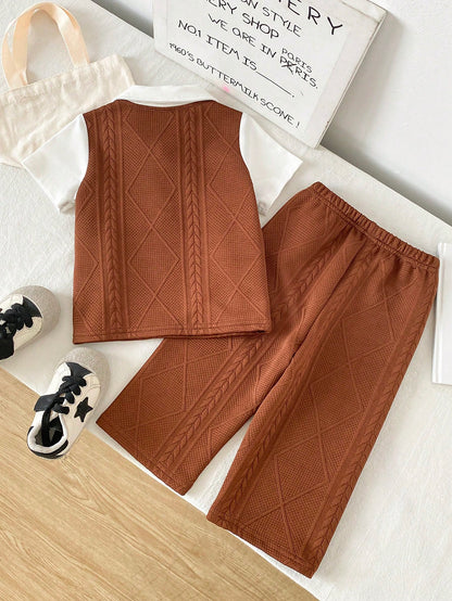 Playful Pals 2pcs/Set Baby Boy Casual Gentleman Style Horse Embroidery Pattern Contrast Color Knit Short Sleeve Polo Shirt + Elastic Waist Long Pants Set, Comfortable And Versatile, Suitable For Sprin