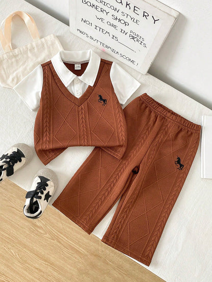 Playful Pals 2pcs/Set Baby Boy Casual Gentleman Style Horse Embroidery Pattern Contrast Color Knit Short Sleeve Polo Shirt + Elastic Waist Long Pants Set, Comfortable And Versatile, Suitable For Sprin
