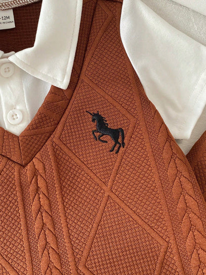 Playful Pals 2pcs/Set Baby Boy Casual Gentleman Style Horse Embroidery Pattern Contrast Color Knit Short Sleeve Polo Shirt + Elastic Waist Long Pants Set, Comfortable And Versatile, Suitable For Sprin