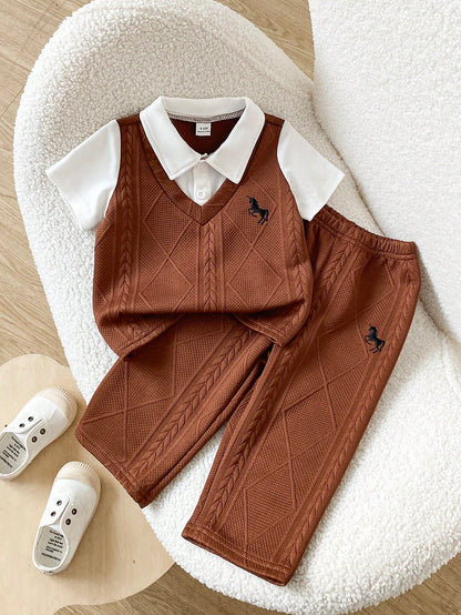 Playful Pals 2pcs/Set Baby Boy Casual Gentleman Style Horse Embroidery Pattern Contrast Color Knit Short Sleeve Polo Shirt + Elastic Waist Long Pants Set, Comfortable And Versatile, Suitable For Sprin