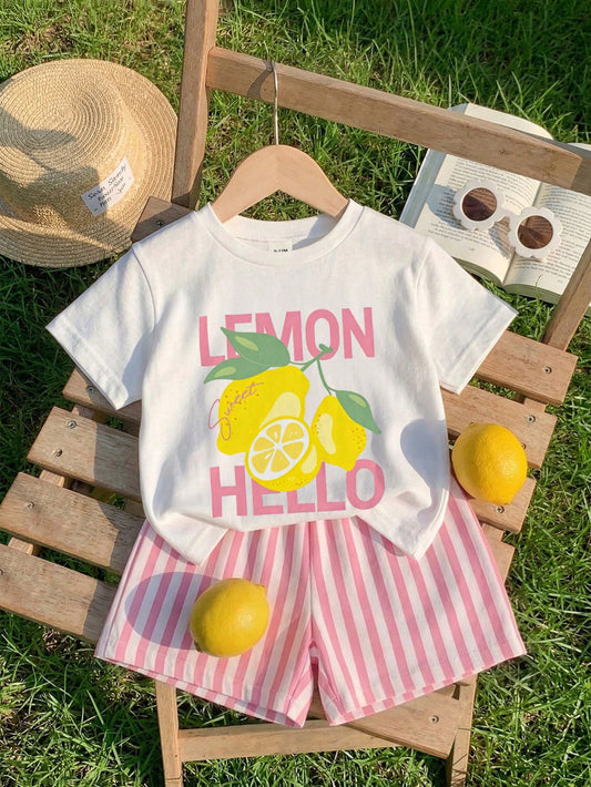 Playful Pals 2pcs/Set Baby Girls' Lemon Fruit Print Round Neck Short Sleeve T-Shirt And Striped Shorts White Summer Cute Vacation Holiday Infant Toddler Outfit