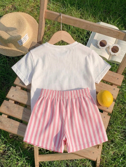 Playful Pals 2pcs/Set Baby Girls' Lemon Fruit Print Round Neck Short Sleeve T-Shirt And Striped Shorts White Summer Cute Vacation Holiday Infant Toddler Outfit