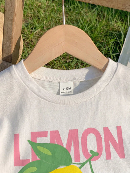 Playful Pals 2pcs/Set Baby Girls' Lemon Fruit Print Round Neck Short Sleeve T-Shirt And Striped Shorts White Summer Cute Vacation Holiday Infant Toddler Outfit