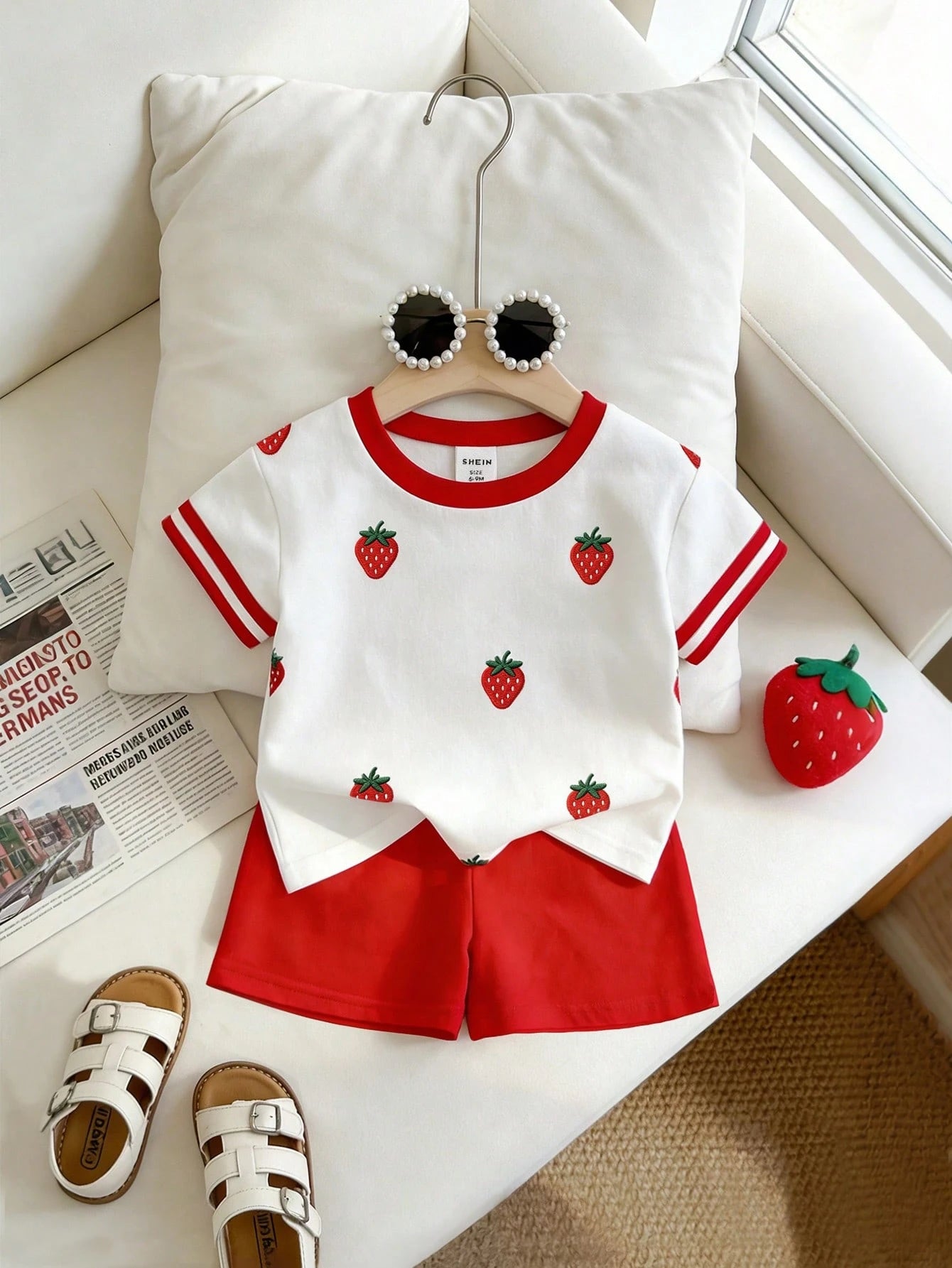 Playful Pals 2pcs/Set Baby Girls' Lemon Fruit Print Round Neck Short Sleeve T-Shirt And Striped Shorts White Summer Cute Vacation Holiday Infant Toddler Outfit