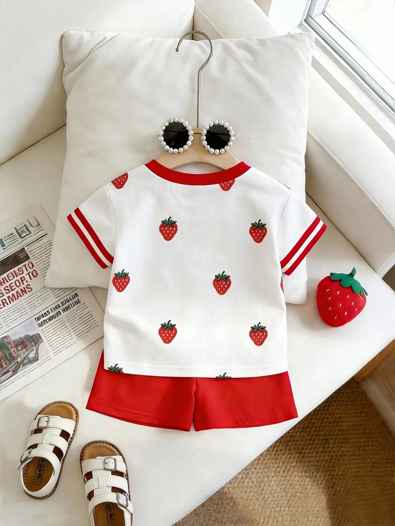 Playful Pals 2pcs/Set Baby Girls' Lemon Fruit Print Round Neck Short Sleeve T-Shirt And Striped Shorts White Summer Cute Vacation Holiday Infant Toddler Outfit