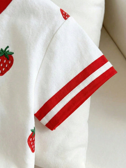 Playful Pals 2pcs/Set Baby Girls' Lemon Fruit Print Round Neck Short Sleeve T-Shirt And Striped Shorts White Summer Cute Vacation Holiday Infant Toddler Outfit