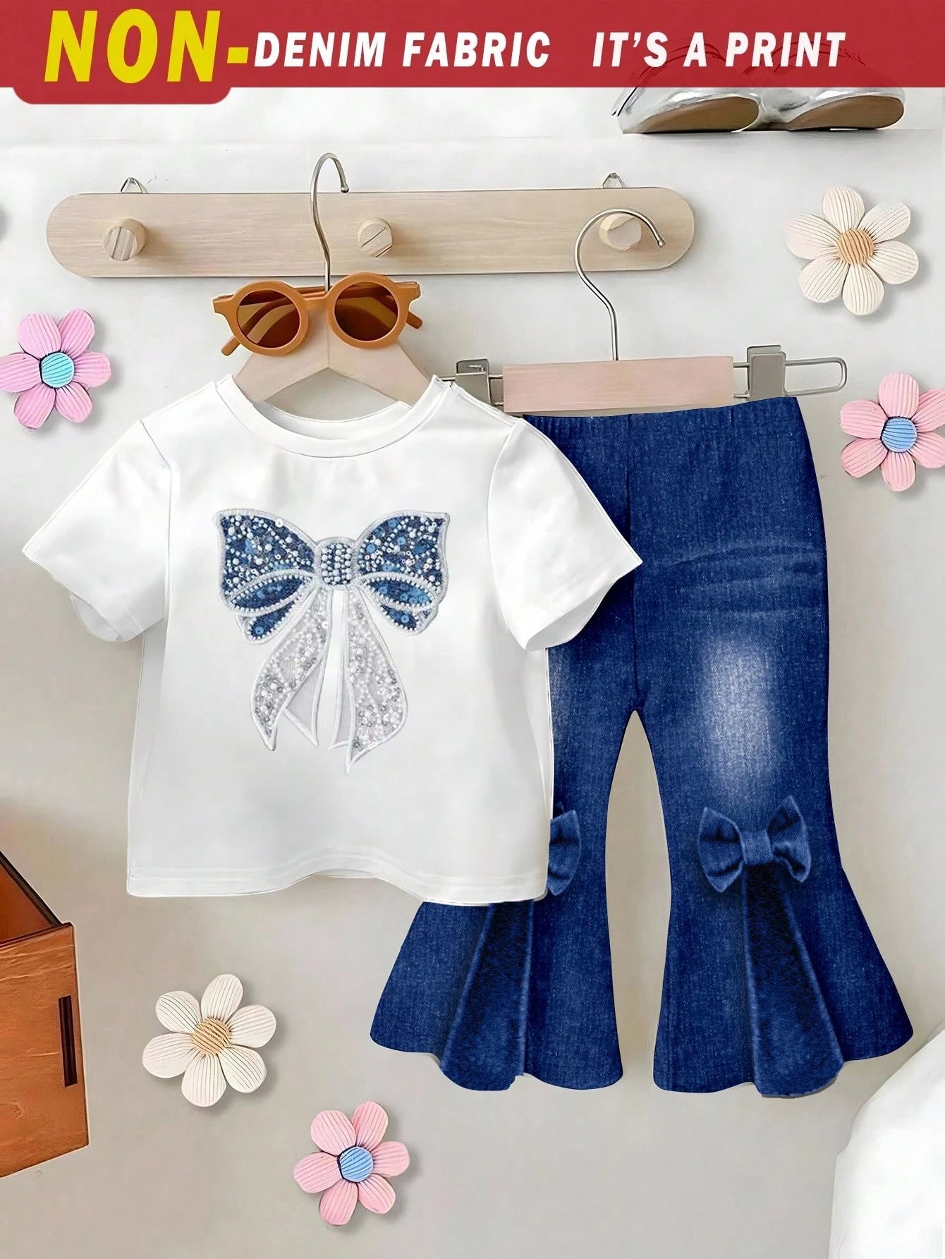 Playful Pals 2pcs/Set Baby Girls' Letter Print Round Neck Blue Navy Blue Short Sleeve T-Shirt And Bow Printed Flared Jeans Pants, Spring, Summer, Autumn Winter