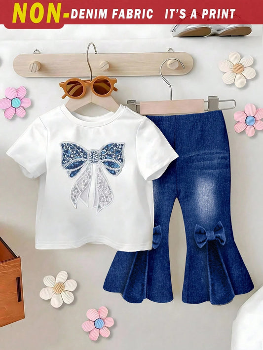 Playful Pals 2pcs/Set Baby Girls' Letter Print Round Neck Blue Navy Blue Short Sleeve T-Shirt And Bow Printed Flared Jeans Pants, Spring, Summer, Autumn Winter