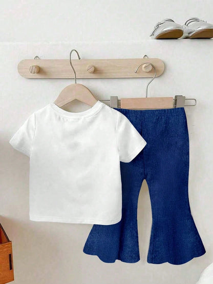 Playful Pals 2pcs/Set Baby Girls' Letter Print Round Neck Blue Navy Blue Short Sleeve T-Shirt And Bow Printed Flared Jeans Pants, Spring, Summer, Autumn Winter