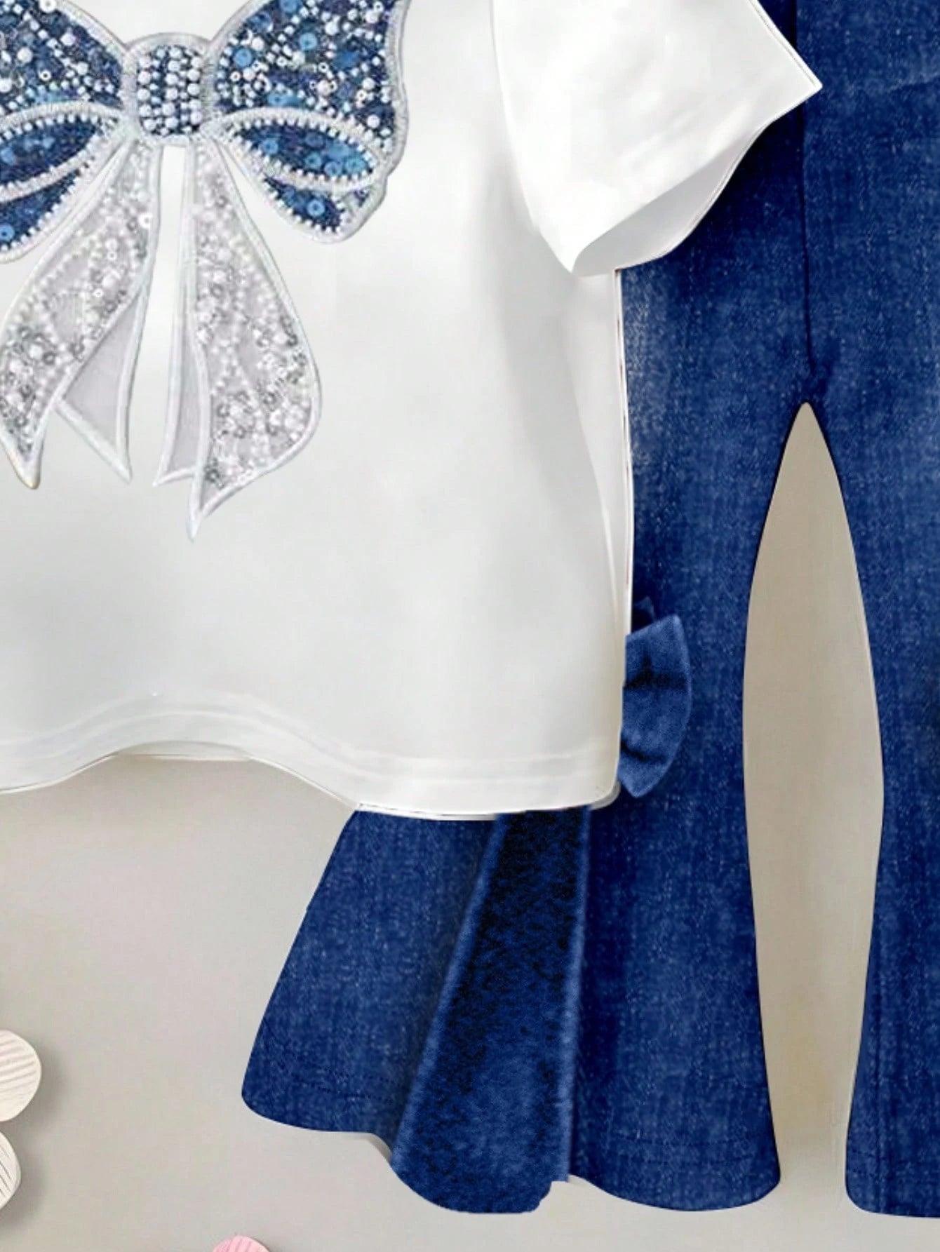 Playful Pals 2pcs/Set Baby Girls' Letter Print Round Neck Blue Navy Blue Short Sleeve T-Shirt And Bow Printed Flared Jeans Pants, Spring, Summer, Autumn Winter