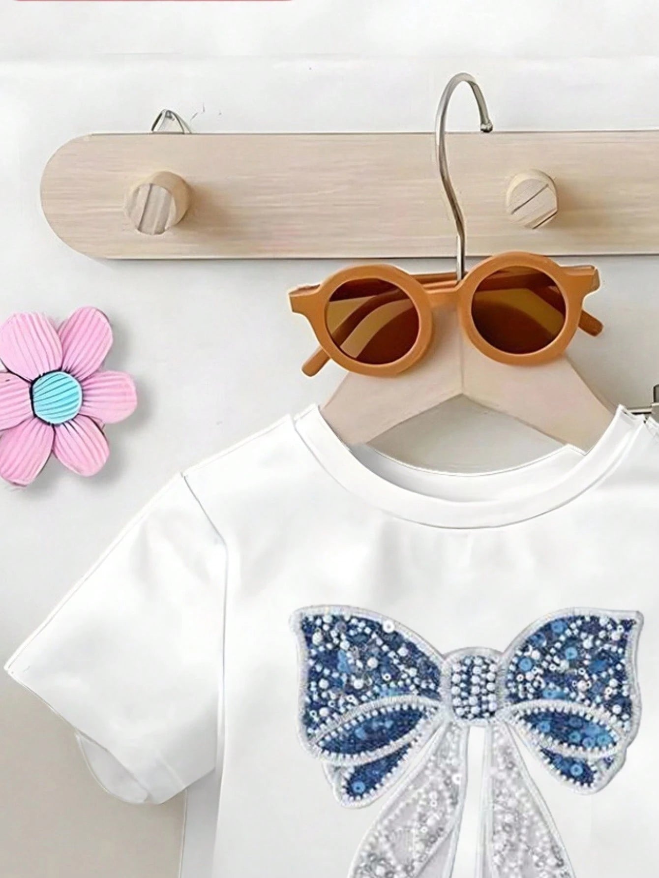 Playful Pals 2pcs/Set Baby Girls' Letter Print Round Neck Blue Navy Blue Short Sleeve T-Shirt And Bow Printed Flared Jeans Pants, Spring, Summer, Autumn Winter