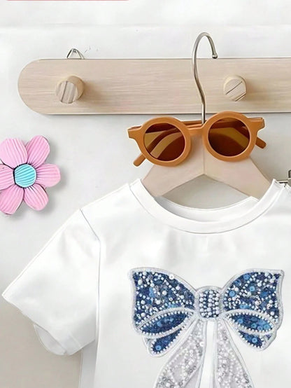 Playful Pals 2pcs/Set Baby Girls' Letter Print Round Neck Blue Navy Blue Short Sleeve T-Shirt And Bow Printed Flared Jeans Pants, Spring, Summer, Autumn Winter