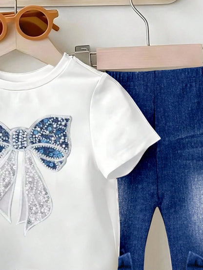 Playful Pals 2pcs/Set Baby Girls' Letter Print Round Neck Blue Navy Blue Short Sleeve T-Shirt And Bow Printed Flared Jeans Pants, Spring, Summer, Autumn Winter