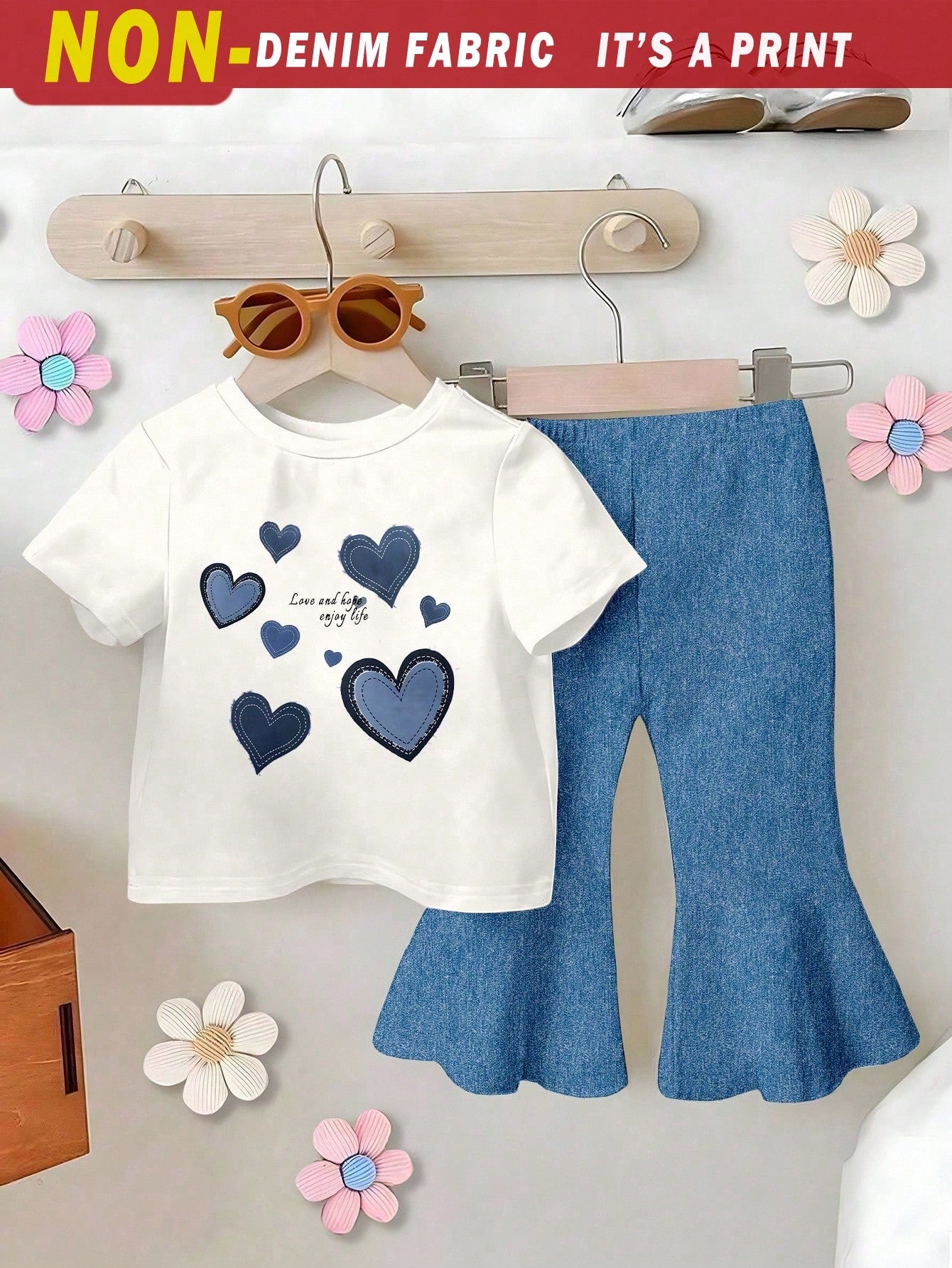 Playful Pals 2pcs/Set Baby Girls' Letter Print Round Neck Blue Navy Blue Short Sleeve T-Shirt And Bow Printed Flared Jeans Pants, Spring, Summer, Autumn Winter