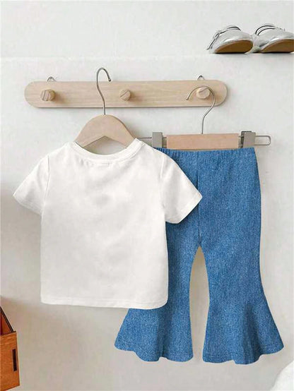 Playful Pals 2pcs/Set Baby Girls' Letter Print Round Neck Blue Navy Blue Short Sleeve T-Shirt And Bow Printed Flared Jeans Pants, Spring, Summer, Autumn Winter