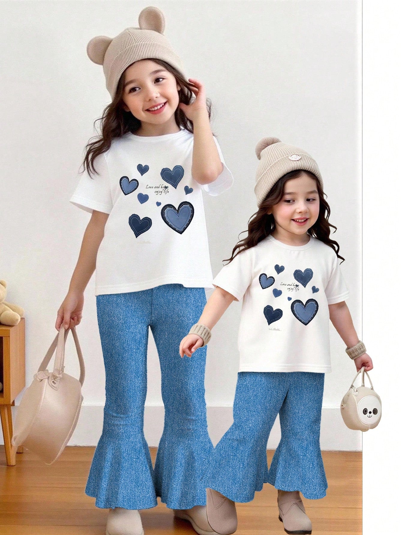 Playful Pals 2pcs/Set Baby Girls' Letter Print Round Neck Blue Navy Blue Short Sleeve T-Shirt And Bow Printed Flared Jeans Pants, Spring, Summer, Autumn Winter