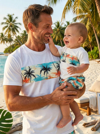 Playful Pals 2pcs/Set Toddler Boys' Summer White Coconut Tree & Tropical Plant Print T-Shirt & Elastic Waist Shorts Infant Baby Boy Casual Beach Vacation Holiday