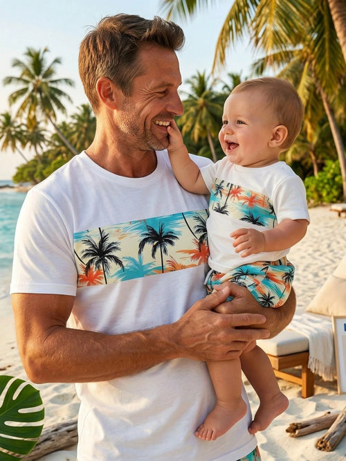 Playful Pals 2pcs/Set Toddler Boys' Summer White Coconut Tree & Tropical Plant Print T-Shirt & Elastic Waist Shorts Infant Baby Boy Casual Beach Vacation Holiday