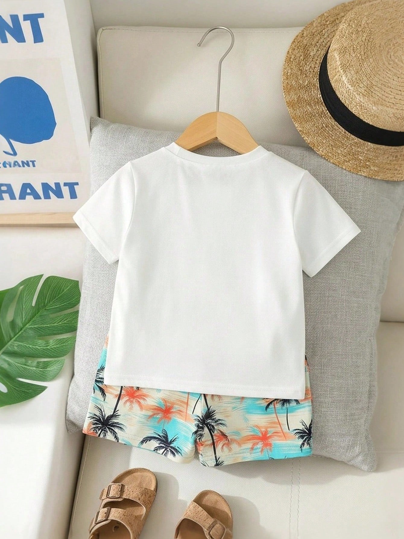 Playful Pals 2pcs/Set Toddler Boys' Summer White Coconut Tree & Tropical Plant Print T-Shirt & Elastic Waist Shorts Infant Baby Boy Casual Beach Vacation Holiday