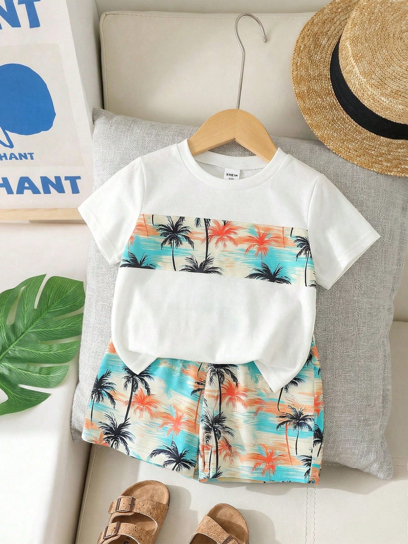 Playful Pals 2pcs/Set Toddler Boys' Summer White Coconut Tree & Tropical Plant Print T-Shirt & Elastic Waist Shorts Infant Baby Boy Casual Beach Vacation Holiday