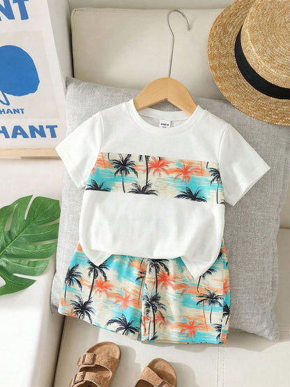 Playful Pals 2pcs/Set Toddler Boys' Summer White Coconut Tree & Tropical Plant Print T-Shirt & Elastic Waist Shorts Infant Baby Boy Casual Beach Vacation Holiday