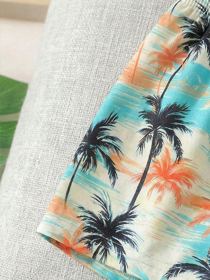 Playful Pals 2pcs/Set Toddler Boys' Summer White Coconut Tree & Tropical Plant Print T-Shirt & Elastic Waist Shorts Infant Baby Boy Casual Beach Vacation Holiday