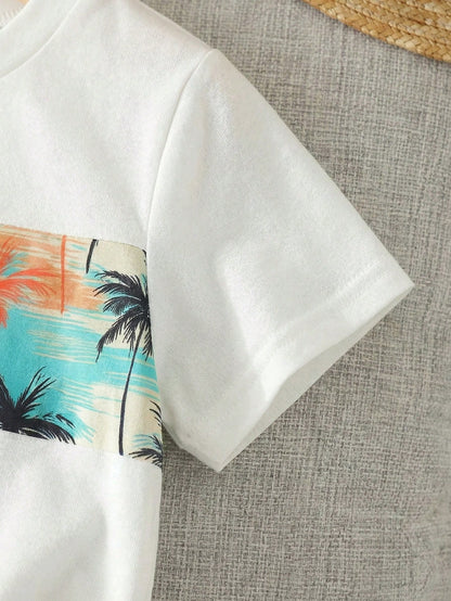 Playful Pals 2pcs/Set Toddler Boys' Summer White Coconut Tree & Tropical Plant Print T-Shirt & Elastic Waist Shorts Infant Baby Boy Casual Beach Vacation Holiday