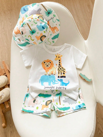 Playful Pals 2pcs/Set Toddler Boys' Summer White Coconut Tree & Tropical Plant Print T-Shirt & Elastic Waist Shorts Infant Baby Boy Casual Beach Vacation Holiday
