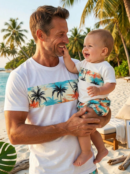 Playful Pals 2pcs/Set Toddler Boys' Summer White Coconut Tree & Tropical Plant Print T-Shirt & Elastic Waist Shorts Infant Baby Boy Casual Beach Vacation Holiday
