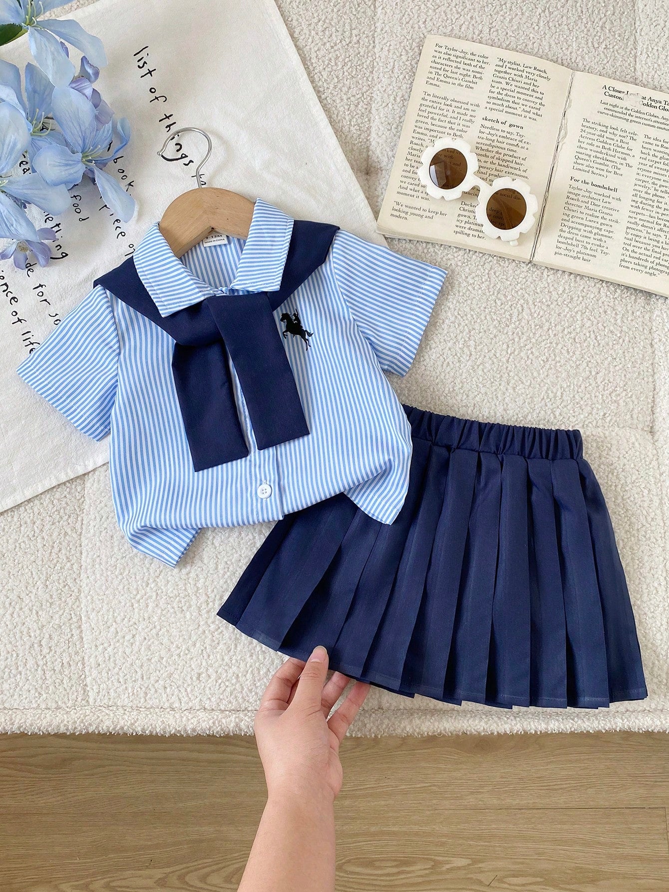 Playful Pals 3pcs/Set Baby Girls' Embroidered Pony Striped Shirt Navy Blue Versatile Shawl & Matching Pleated Skirt Cute Summer Back-To-School School Uniform Suit