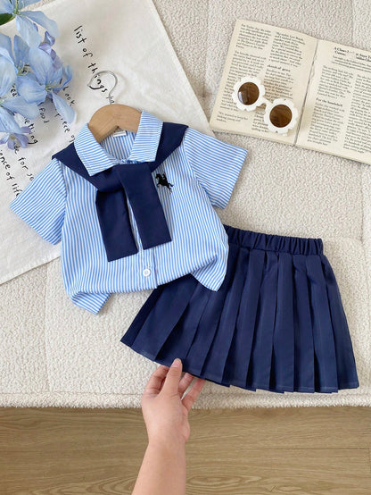 Playful Pals 3pcs/Set Baby Girls' Embroidered Pony Striped Shirt Navy Blue Versatile Shawl & Matching Pleated Skirt Cute Summer Back-To-School School Uniform Suit