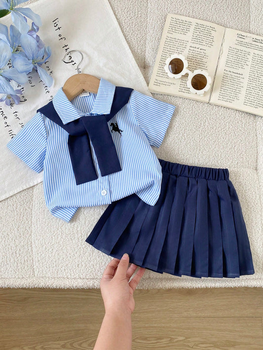 Playful Pals 3pcs/Set Baby Girls' Embroidered Pony Striped Shirt Navy Blue Versatile Shawl & Matching Pleated Skirt Cute Summer Back-To-School School Uniform Suit