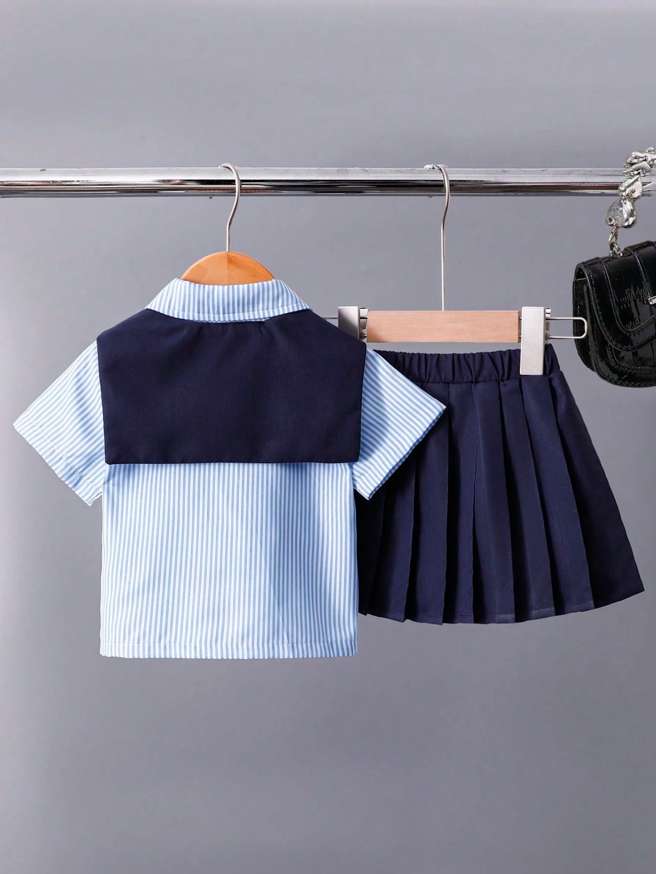 Playful Pals 3pcs/Set Baby Girls' Embroidered Pony Striped Shirt Navy Blue Versatile Shawl & Matching Pleated Skirt Cute Summer Back-To-School School Uniform Suit