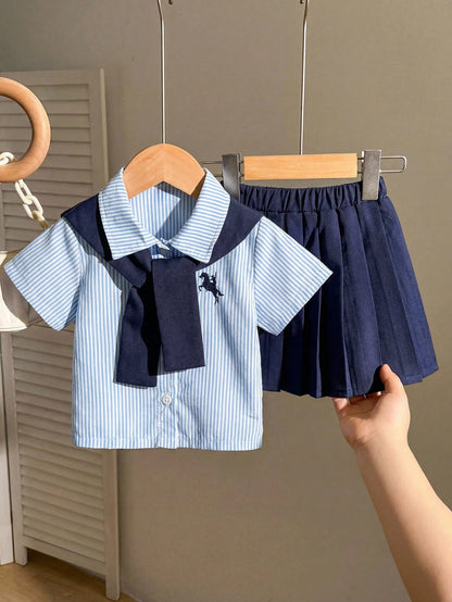 Playful Pals 3pcs/Set Baby Girls' Embroidered Pony Striped Shirt Navy Blue Versatile Shawl & Matching Pleated Skirt Cute Summer Back-To-School School Uniform Suit