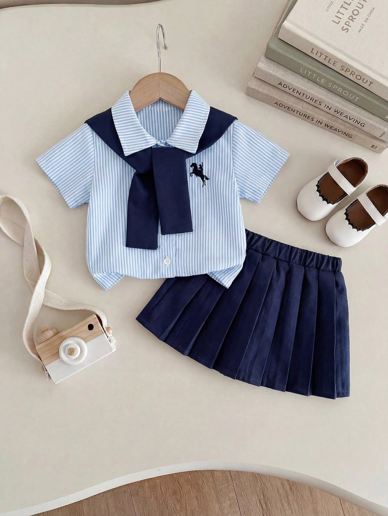 Playful Pals 3pcs/Set Baby Girls' Embroidered Pony Striped Shirt Navy Blue Versatile Shawl & Matching Pleated Skirt Cute Summer Back-To-School School Uniform Suit