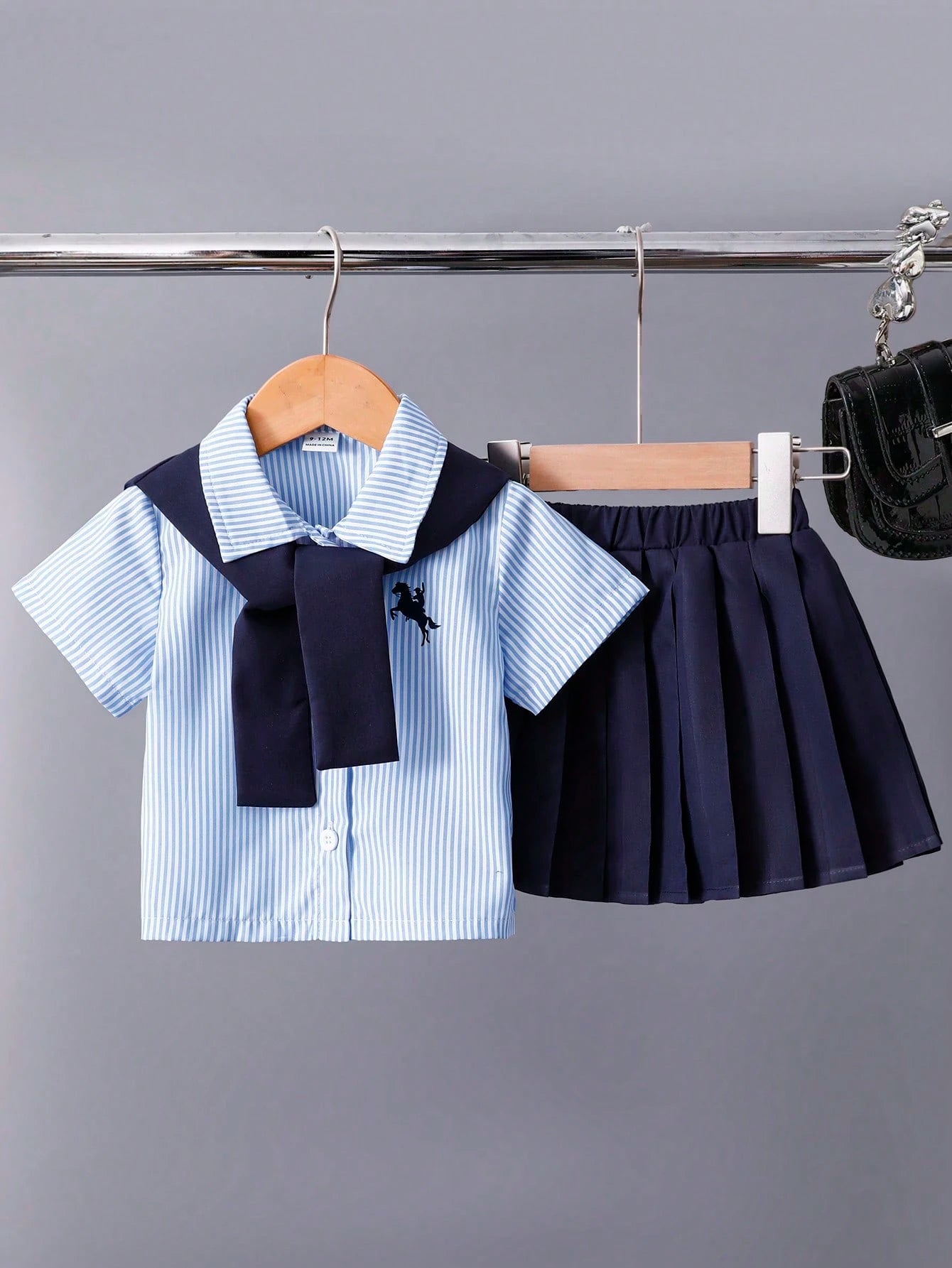 Playful Pals 3pcs/Set Baby Girls' Embroidered Pony Striped Shirt Navy Blue Versatile Shawl & Matching Pleated Skirt Cute Summer Back-To-School School Uniform Suit