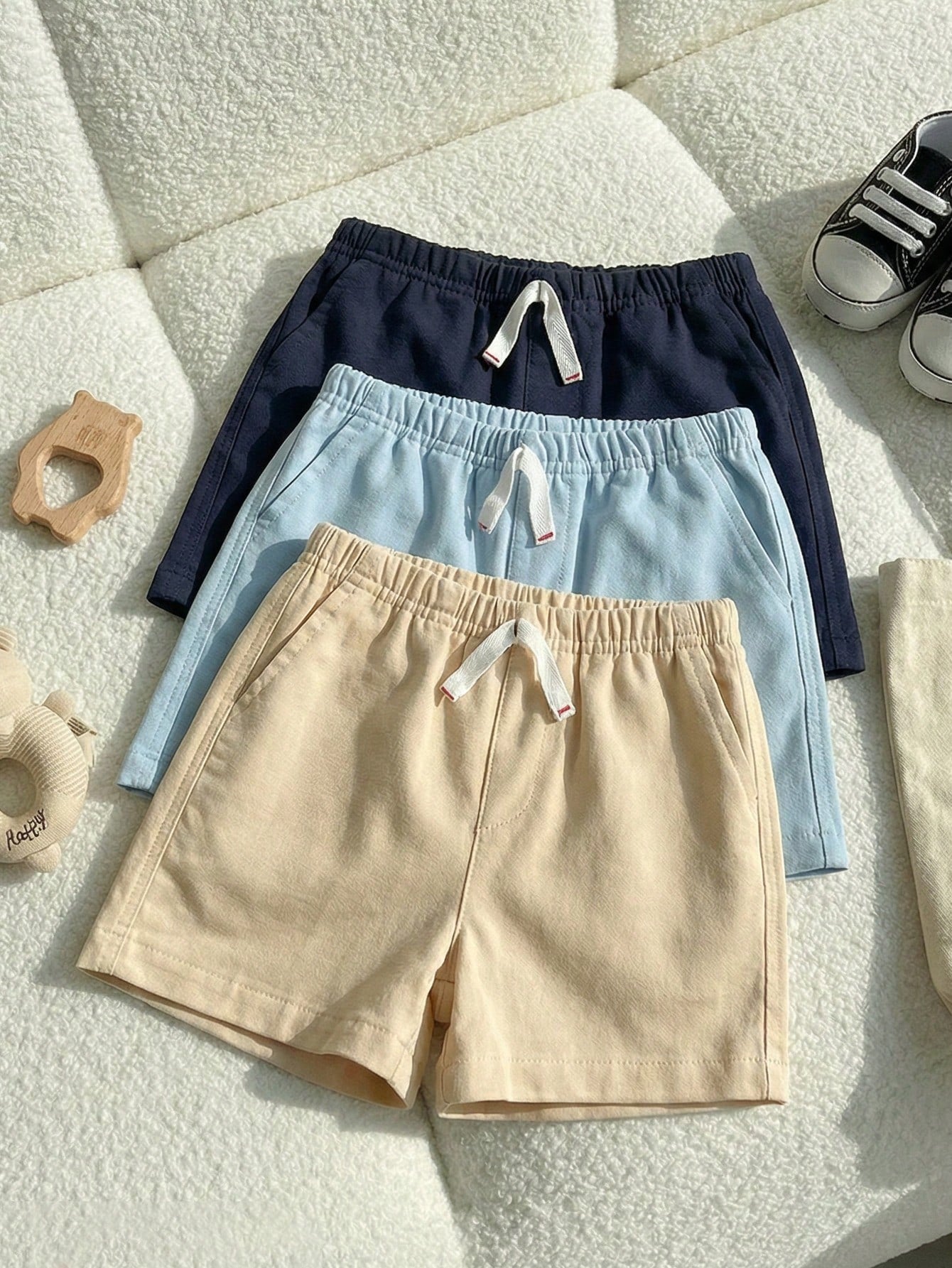 Playful Pals 3pcs/Set Baby & Toddler Boys Solid Color Casual Bow Front Pocket Elastic Waist Shorts, Suitable For Everyday Wear