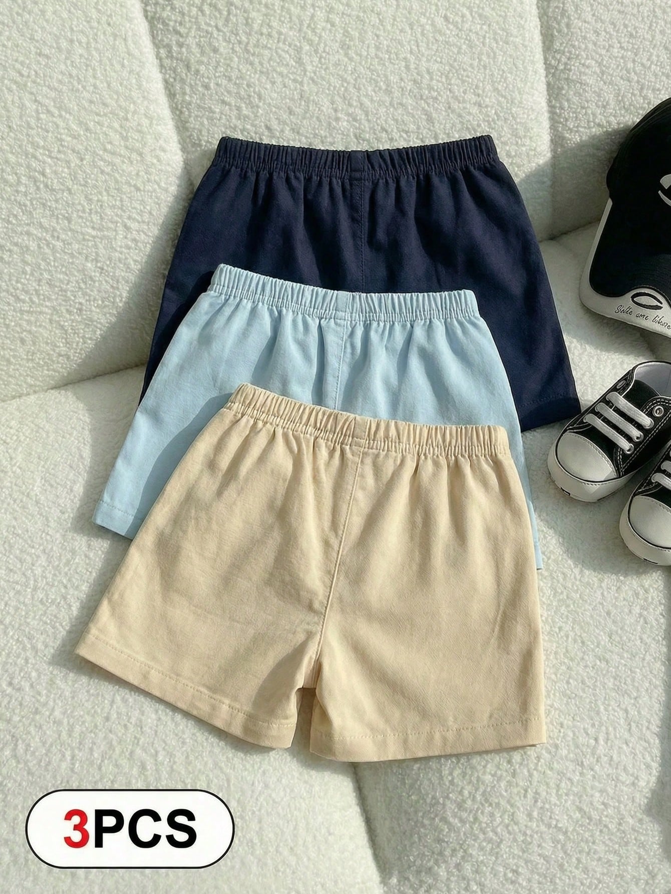 Playful Pals 3pcs/Set Baby & Toddler Boys Solid Color Casual Bow Front Pocket Elastic Waist Shorts, Suitable For Everyday Wear
