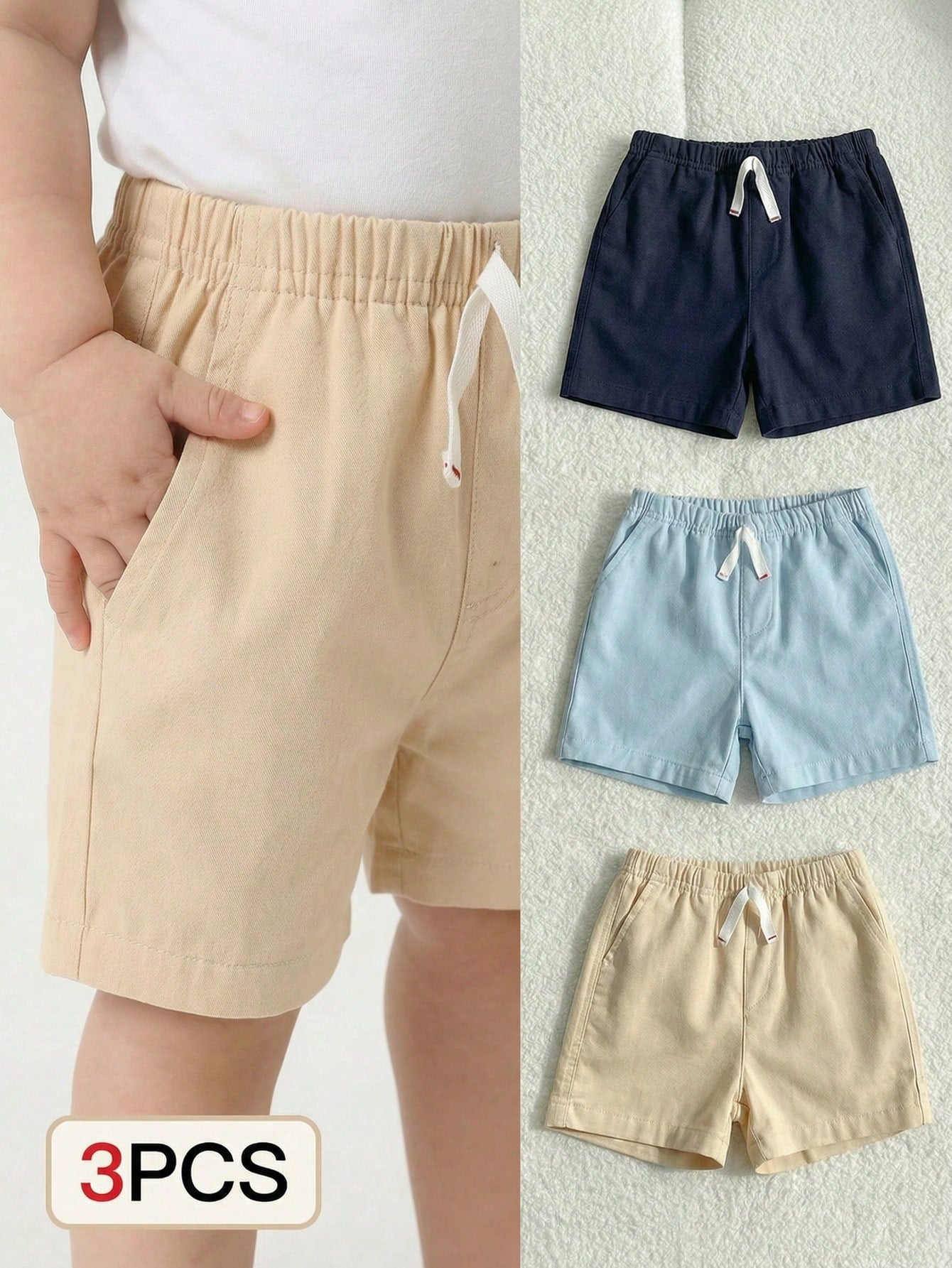 Playful Pals 3pcs/Set Baby & Toddler Boys Solid Color Casual Bow Front Pocket Elastic Waist Shorts, Suitable For Everyday Wear