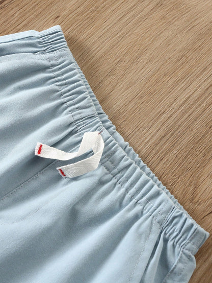 Playful Pals 3pcs/Set Baby & Toddler Boys Solid Color Casual Bow Front Pocket Elastic Waist Shorts, Suitable For Everyday Wear
