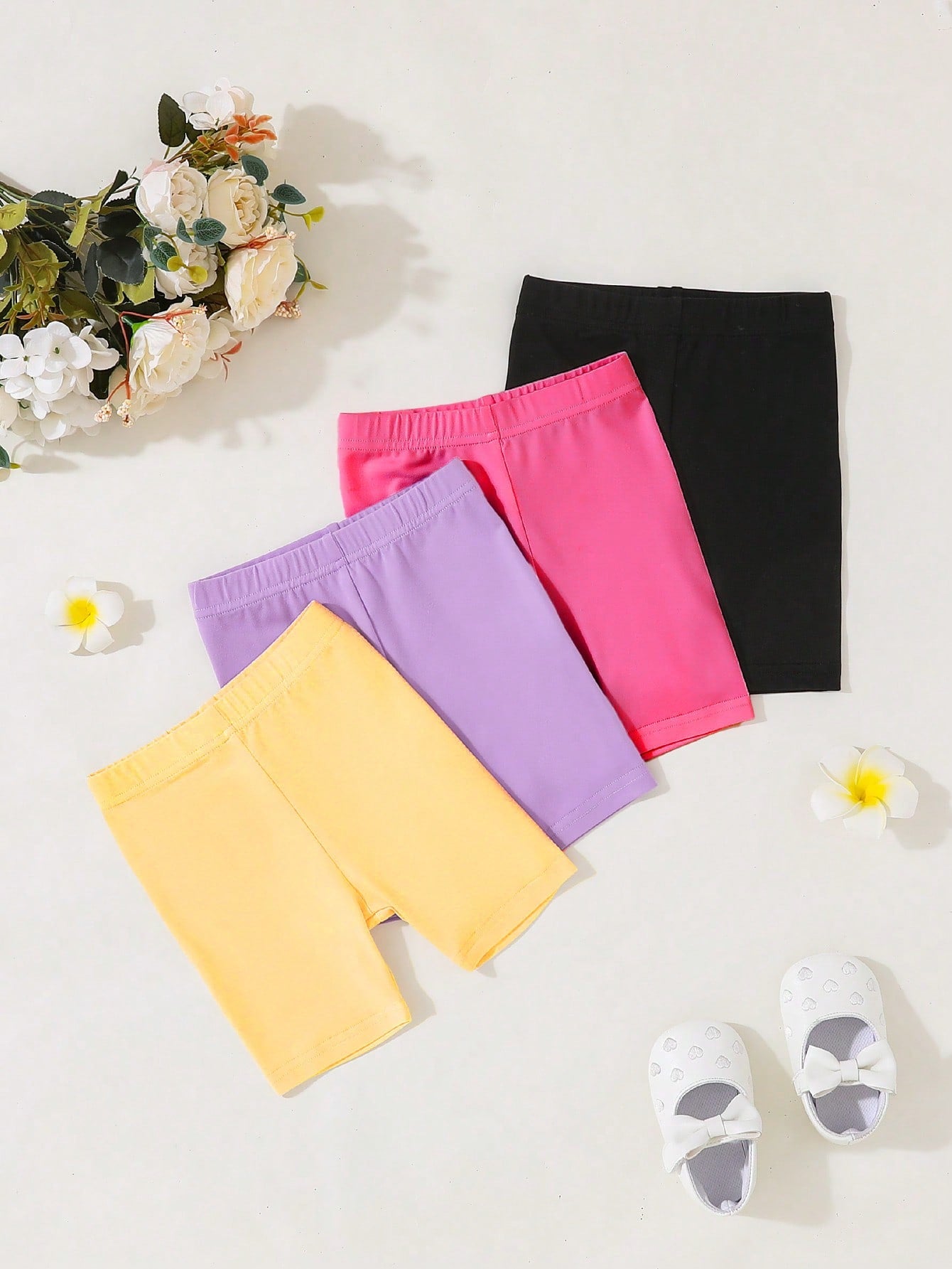 Playful Pals 4pcs Baby Girls' Athletic Shorts Summer Gym Casual Black Hot Pink Purple Butter Yellow