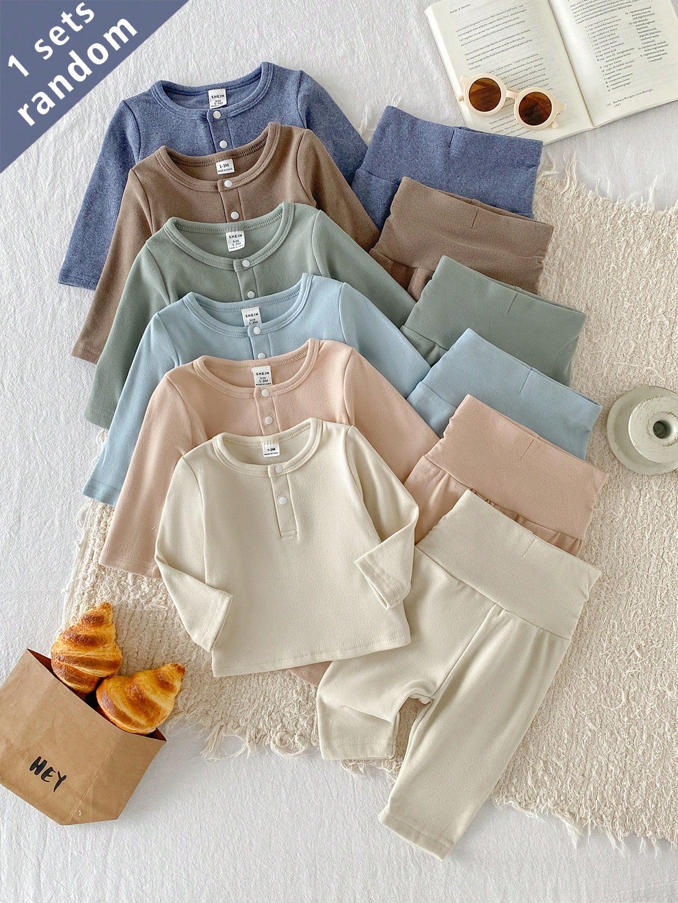 Playful Pals 6 Sets Randomly Sent 1 Set Newborn Home Wear Apricot Blue Brown Green Multicolor Soft Comfortable Baby Boy Long Sleeve Top & High Waist Pants Combination Pack